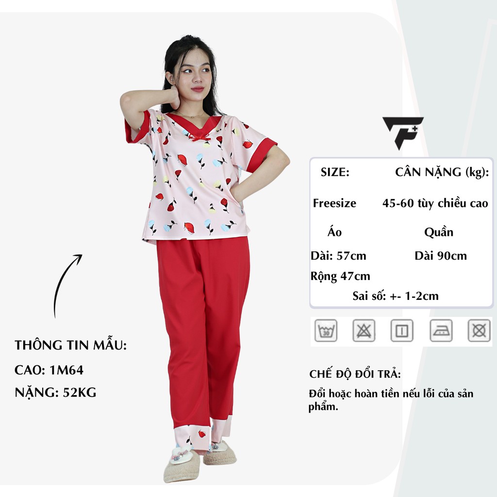 Bộ pijama đồ ngủ lụa tiểu thư quần dài tay ngắn họa tiết nơ dễ thương FPLUS 305