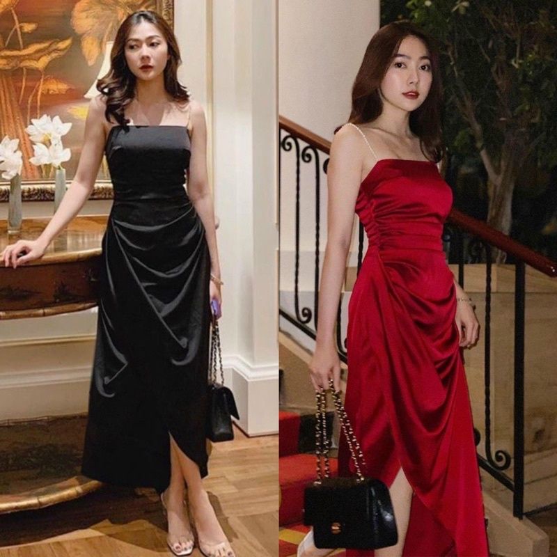 Đầm Phi lụa xẻ đùi nhíu hông 2 dây đính nút ngọc