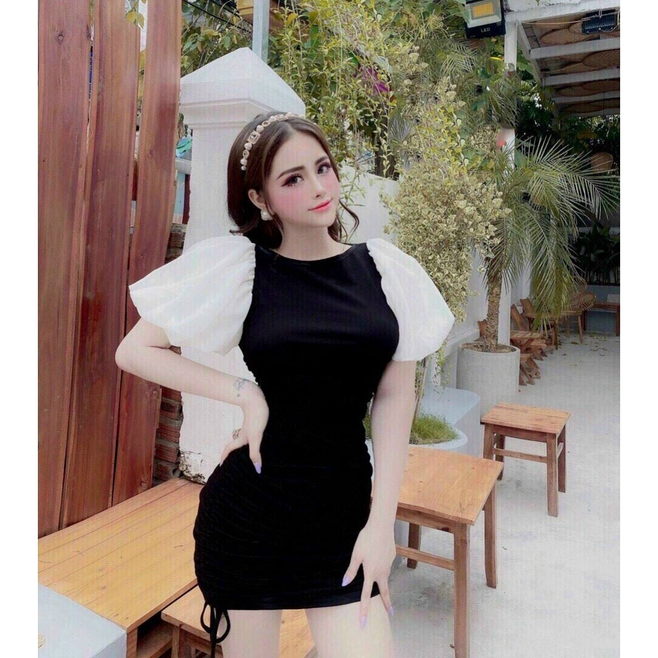 Đầm Body Ôm Dáng Cổ Tròn, Họa Tiết Tay Phồng Màu Trắng Sang Trọng Dành Cho Các Tiểu Thử Dạo Phố
