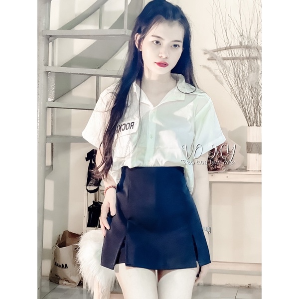 Set áo croptop sơmi phối chân váy