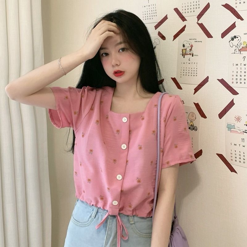 Áo Kiểu Cổ Vuông Tay Ngắn Phối Dây Rút Họa Tiết Hoa Xinh Xắn Thời Trang Cho Nữ