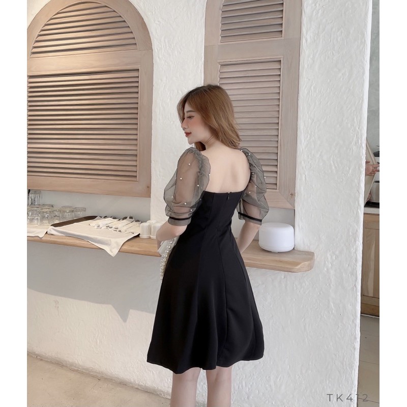 Đầm đen xoè nhẹ tay đính ngọc đi tiệc, đi làm