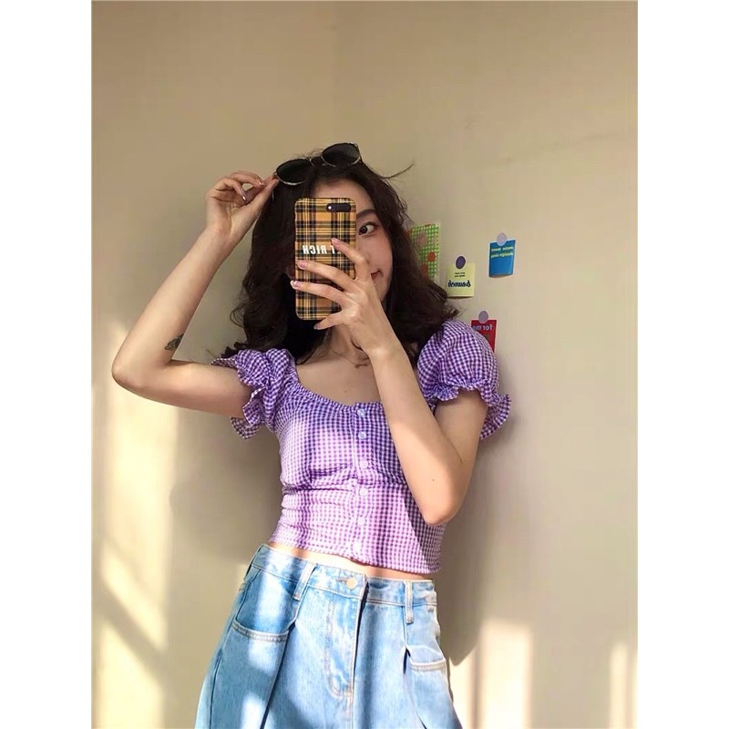 Sale!!! Áo croptop tím caro cổ vuông tay bồng