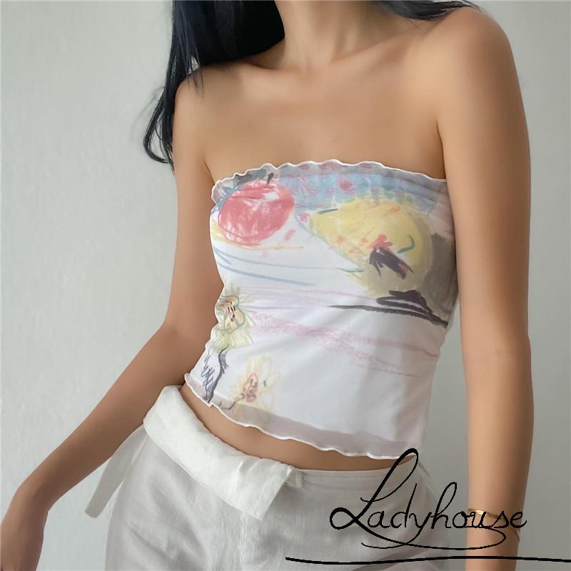 Áo Croptop Không Tay Hở Lưng Phối Lưới In Họa Tiết Dễ Thương Y2K Cho Nữ