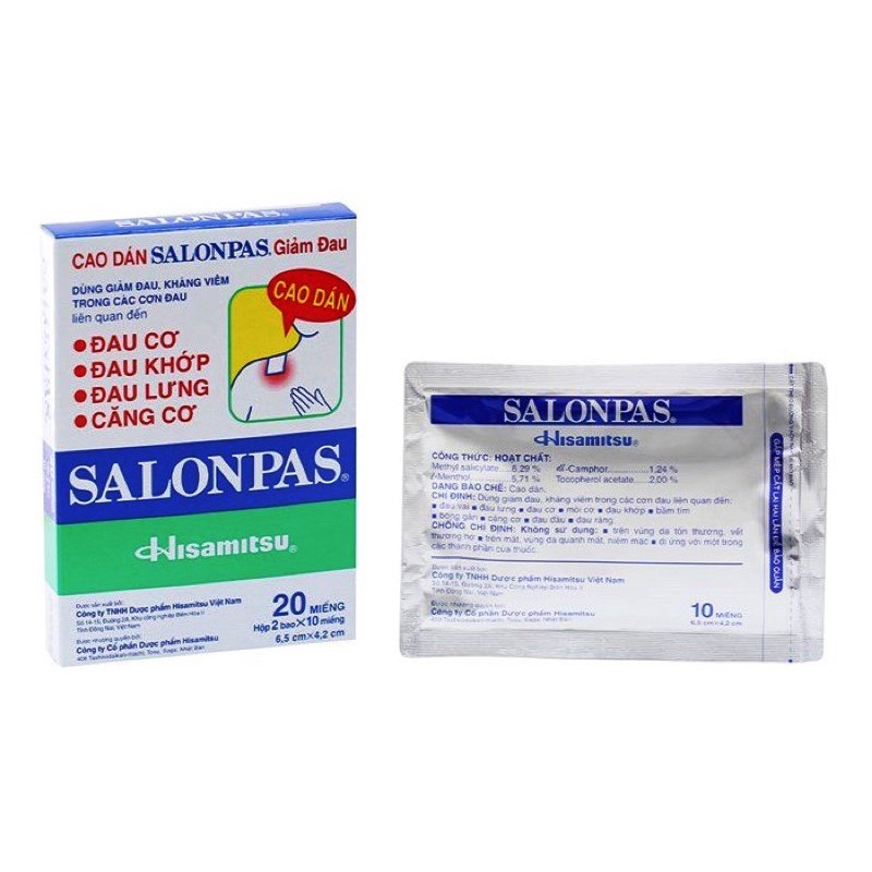 Hộp 20 miếng Cao dán Salonpas - giảm đau cơ , đau lưng - SGP