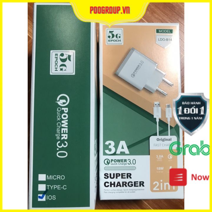 2 in 1 bộ cóc cáp sạc nhanh 3A / 5G chính hãng Mobox B14 chuẩn QC 3.0 18w poogroup