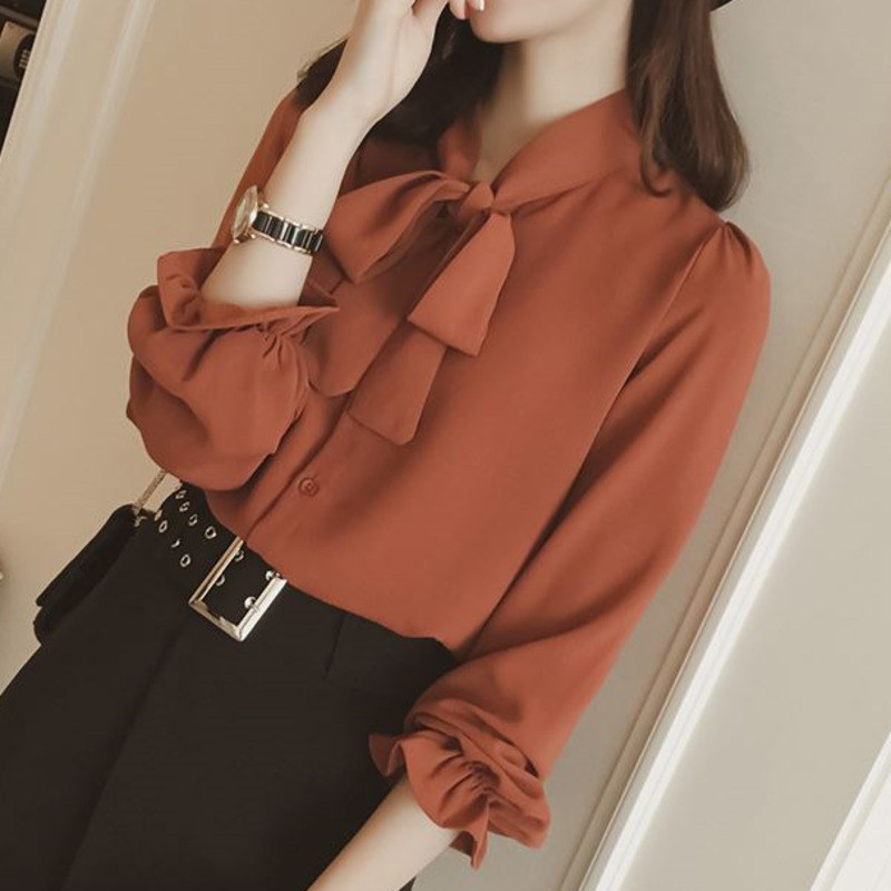 Áo Sơ Mi Chiffon Màu Trơn Cột Dây Nơ Phong Cách Hàn Quốc Thời Trang Cho Nữ