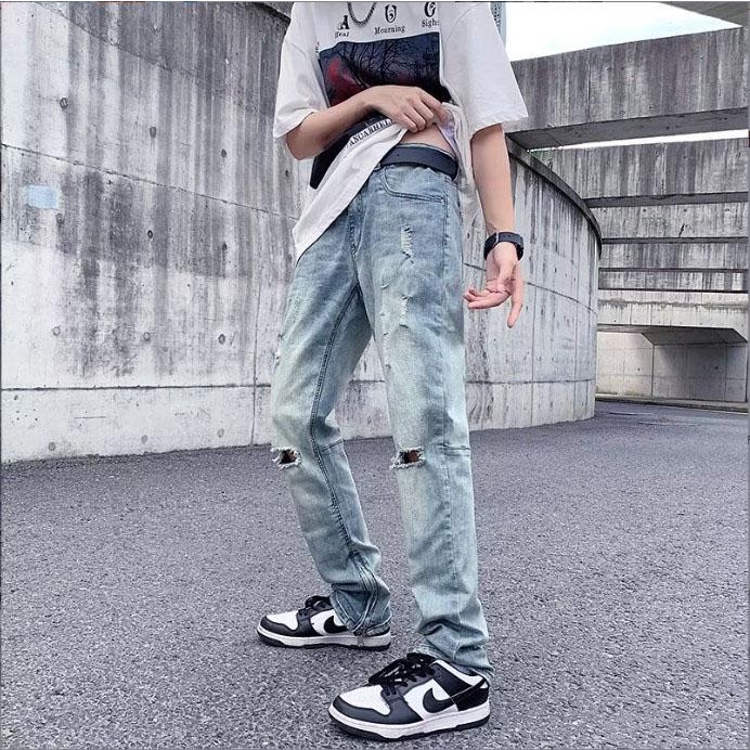 [xả kho] Quần jean ống suông nam khóa zip co giãn ống rách gối màu xanh bạc nhạt đẹp mới hà nội hcm Pon.mens