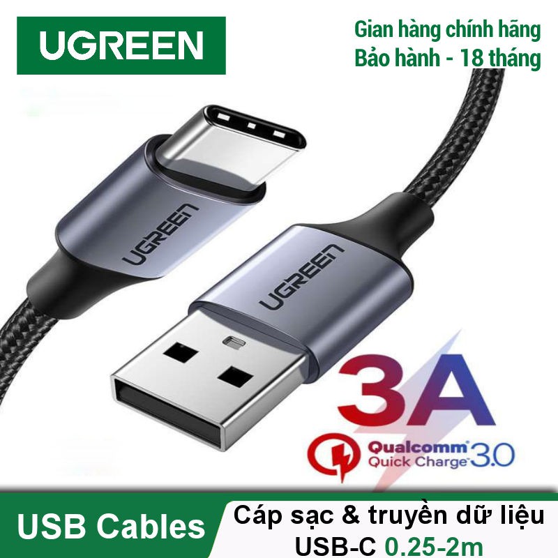 Cáp Sạc USB A to USB-C Hỗ Trợ Sạc Nhanh QC 3.0 Đầu nhôm,Dây Bọc Dù Ugreen 60126 60127 60128