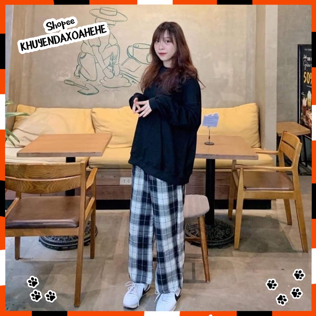 Q002 Quần ống rộng thô đũi caro cạp chun lưng cao cute, quần culottes ống suông dài karo vintage retro unisex Hàn Quốc