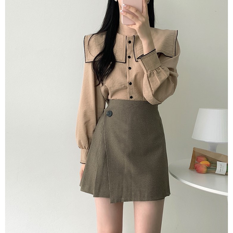 Áo Sơ Mi Nữ Tay Dài / Chân Váy Chữ A Lưng Cao Họa Tiết Chặn Màu Retro 30872