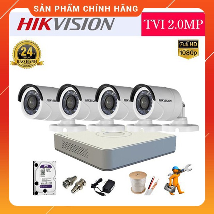 Trọn bộ 04 Camera Hikvision 1080P 2.0 Bao gồm ổ cứng và phụ kiện - Chính hãng
