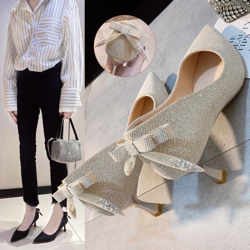 NEW Sale#Phong cách Pháp giày đơn nữ gót nhọn giữa mùa hè cao nhỏ có nơ mũi .