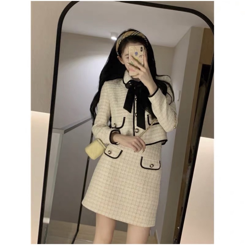 Set Dạ Tweed Phối Viền Cổ Nơ Siêu Xinh Phong Cách Sang Chảnh_Hàng QCCC