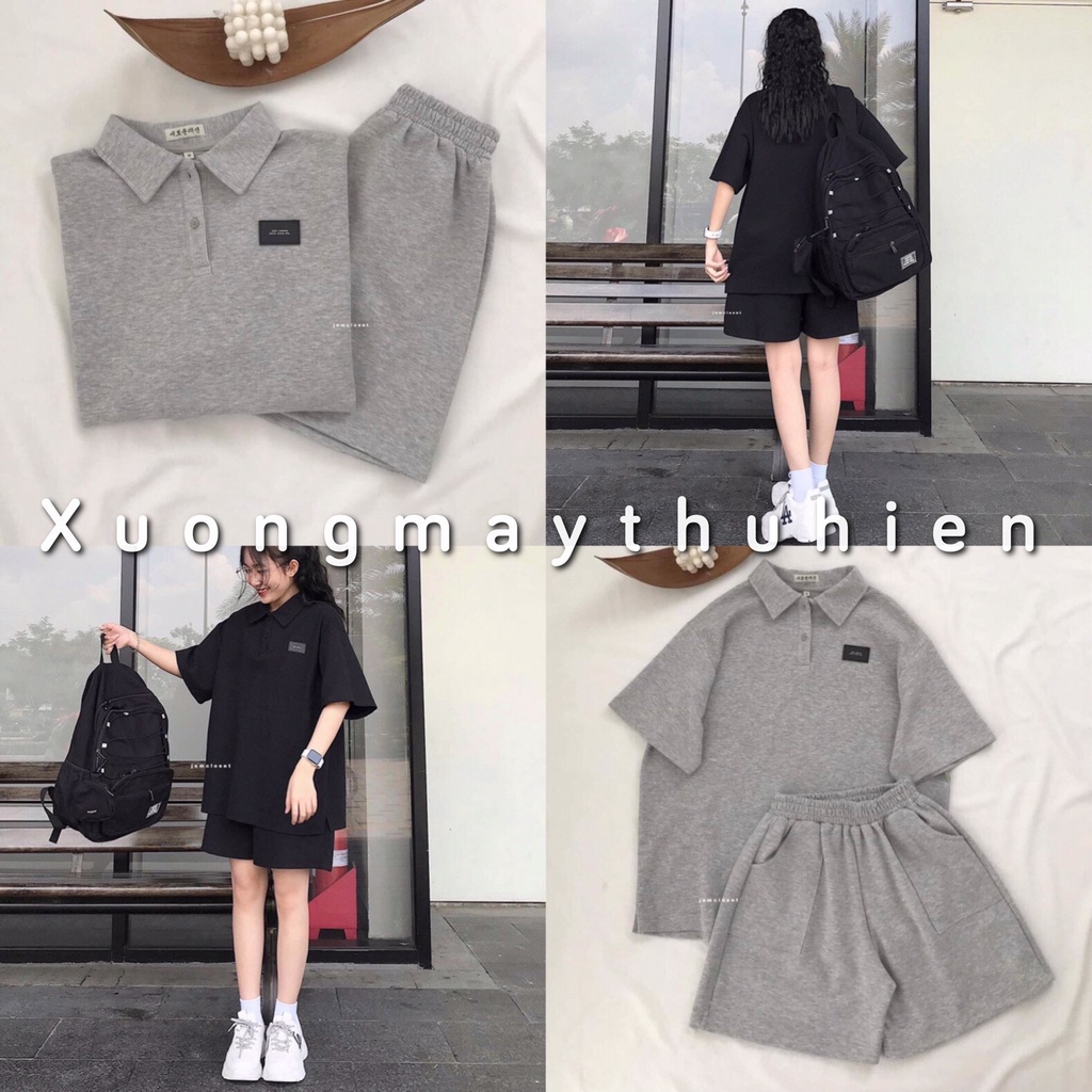 Bộ đùi polo nam nữ họa tiết logo dáng thụng ulzzang/ Set áo thun tay lỡ kèm quần đùi ống rộng style hàn quốc