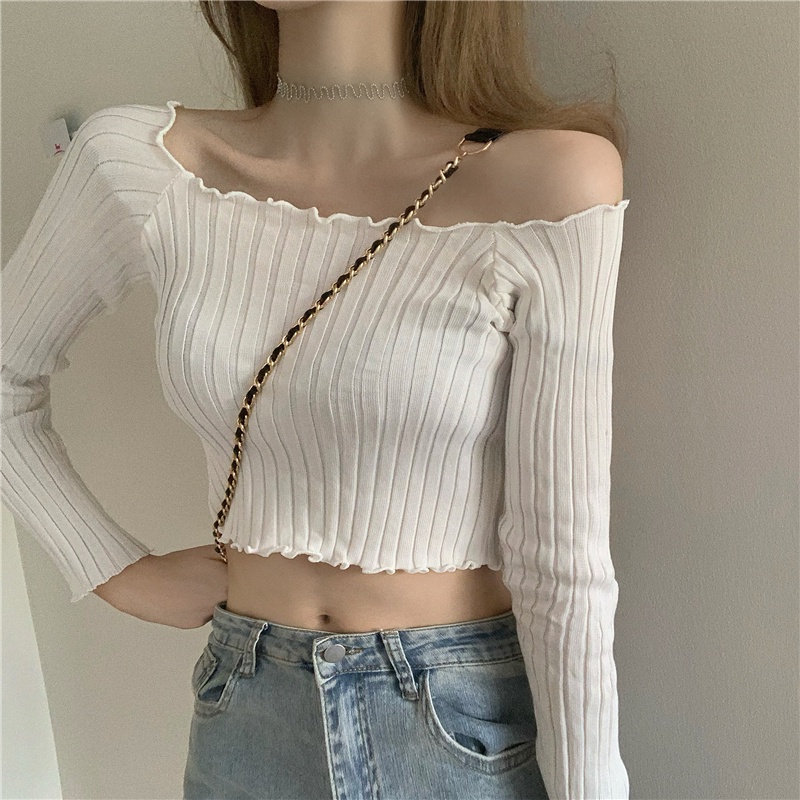 Set croptop dệt kim trễ vai dài tay dáng rộng phong cách Hàn Quốc thời trang