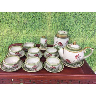 Ấm chén Bát Tràng vẽ hoa đào, Bộ ấm chén pha trà gốm sứ Bát Tràng xinh yêu
