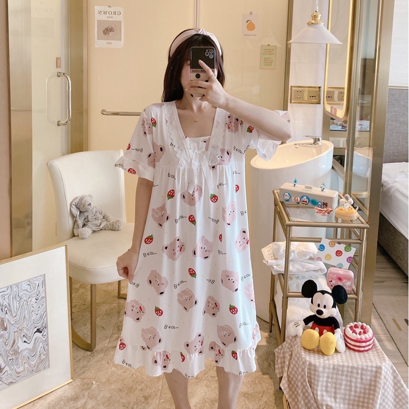 Váy ngủ đầm ngủ nữ chất thun cotton mịn mát mặc nhà thoải mái cổ bèo xinh xắn, hình gấu dễ thương | BigBuy360 - bigbuy360.vn