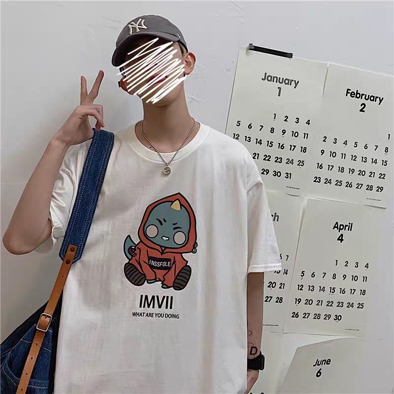 Áo Thun Khủng Long 2 màu Xanh, Trắng - Áo thun tay lỡ form rộng Unisex 38-65kg Nam Nữ  [ẢNH THẬT]