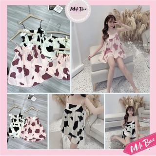 Bộ Mặc Nhà Áo Hai Dây Mix Quần Đùi Họa Tiết Bò Sữa, Set Ngủ Pyjama Chất Lụa Mát Siêu Hot Mili Bae (ảnh, clip thật)