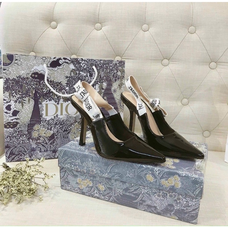 Sandal jadior đen nơ quai sau gót nhọn cao fullbox