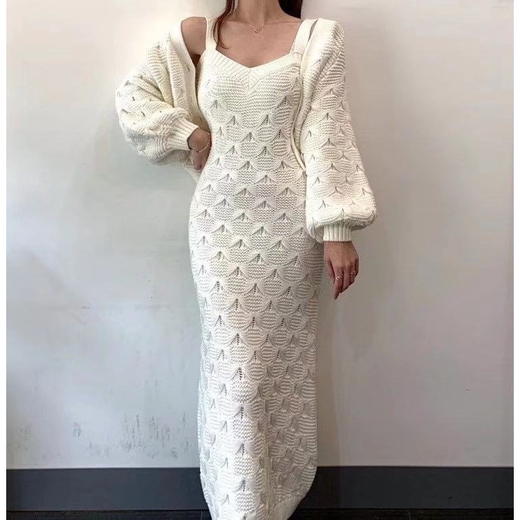 Set Áo Khoác Cardigan Dệt Kim Tay Phồng + Đầm Sweater Phong Cách Hàn Quốc | BigBuy360 - bigbuy360.vn