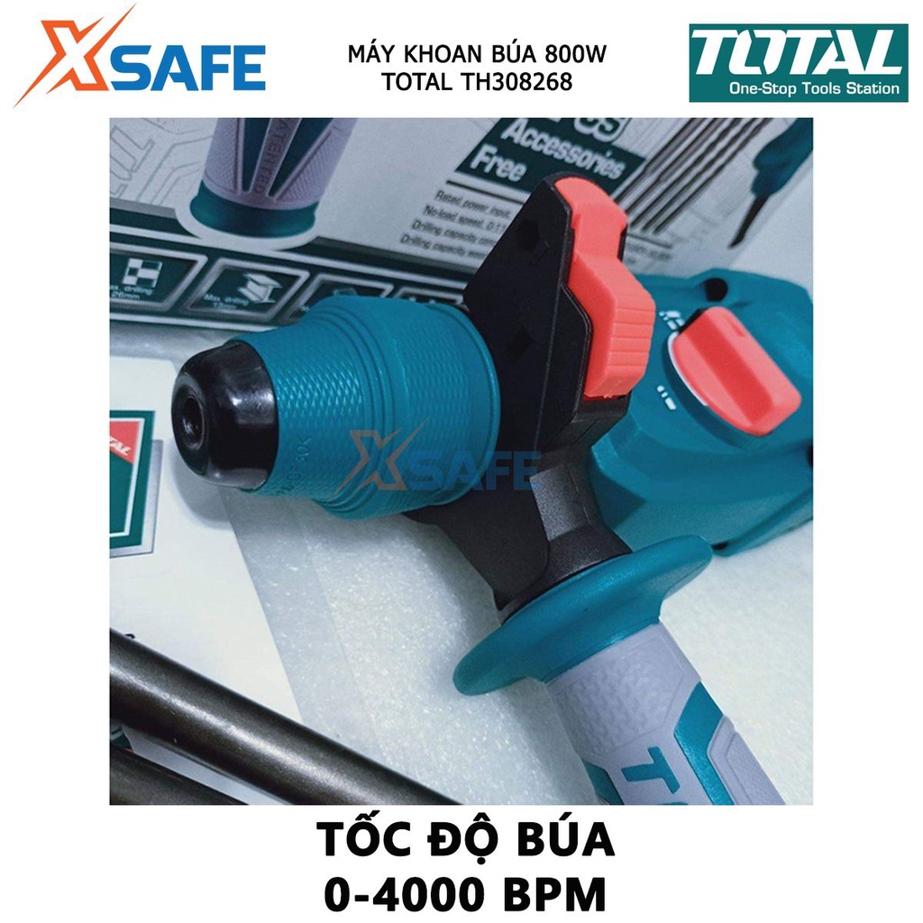 Máy khoan bê tông cầm tay TOTAL TH308268 công suất 800W, lực đập 2.5J, kèm 3 mũi khoan bê tông, 2 mũi đục - xsafe