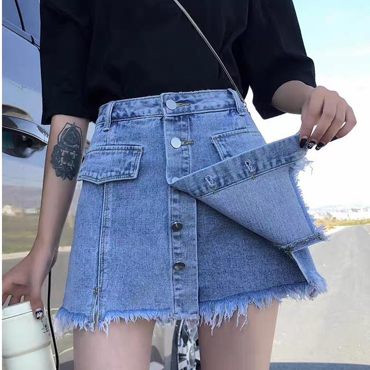 Quần short giả váy cạp cao tua gấu, quần short jean phong cách Ulzzang_G1 | BigBuy360 - bigbuy360.vn