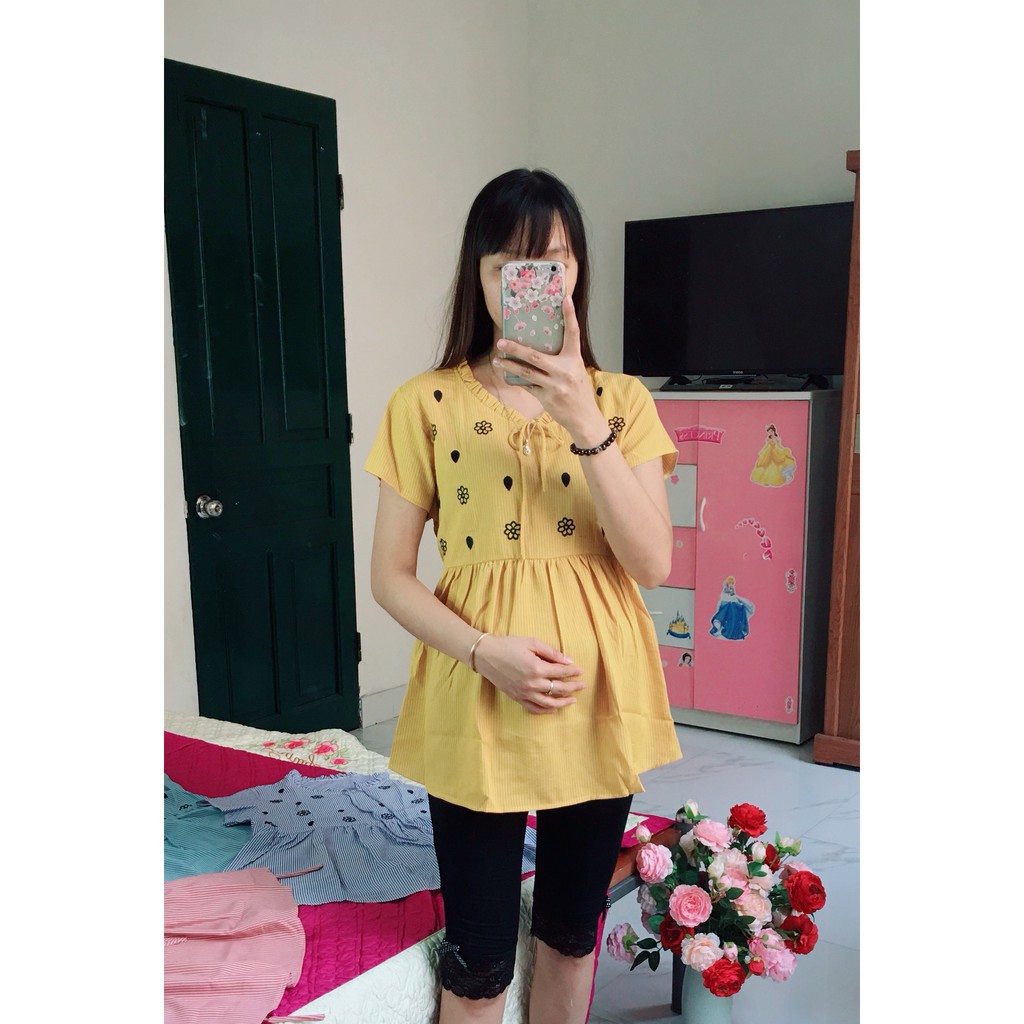 Áo bầu MÙA HÈ kẻ thêu hoa có nơ (nhiều mẫu)