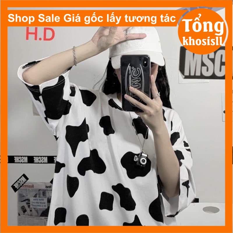 đồ bò sữa gồm áo thun loang bò sữa chất cotton tay lỡ + túi tote + túi đeo chéo