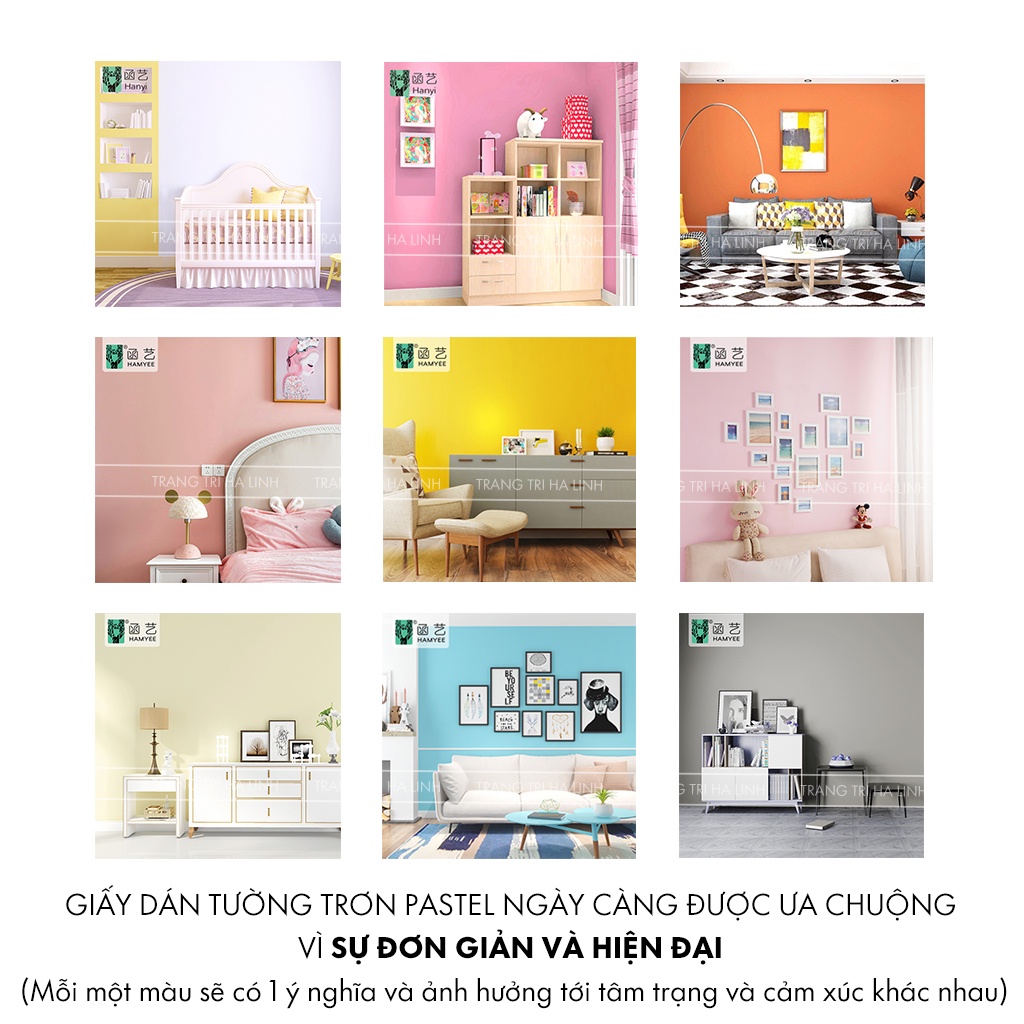 Giấy dán tường phòng ngủ màu trơn PASTEL nhám dài 10M x 45cm có keo sẵn bóc dán, bề mặt chống thấm nước