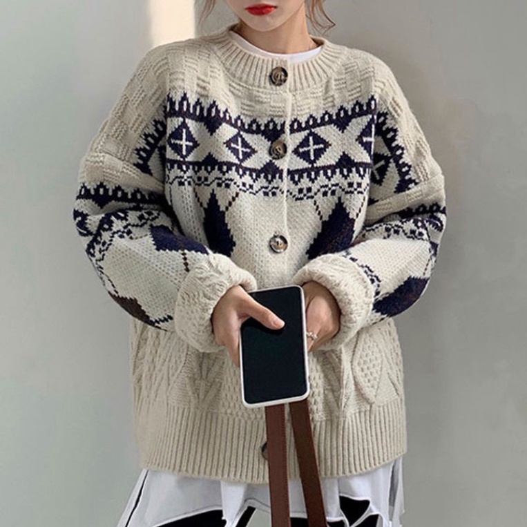 Áo Cardigan Nữ Họa Tiết Trám VinTage, Cardigan Len phối cúc tiểu thư điệu đà dáng rộng Siêu Xinh | BigBuy360 - bigbuy360.vn