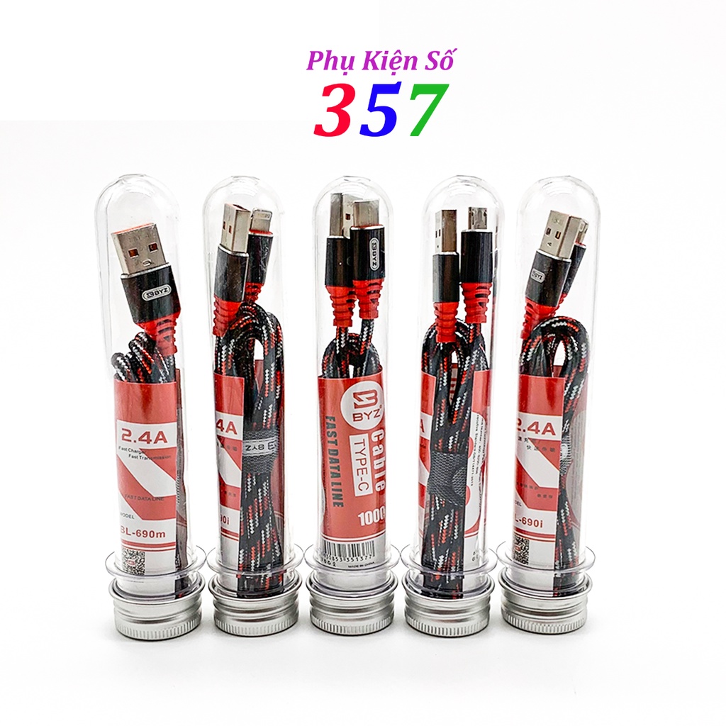 Cáp sạc nhanh BYZ BL690 dạng ống nghiệm dây dù cổng ip &amp; android