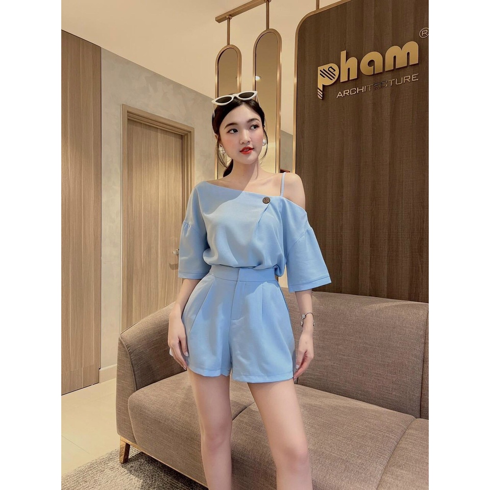 Set bộ đùi nữ áo lệch vai phối quần đùi chất đũi mềm mịn,bộ đùi đính nút dây vai quần short nhiều màu gợi cảm, tiểu thư