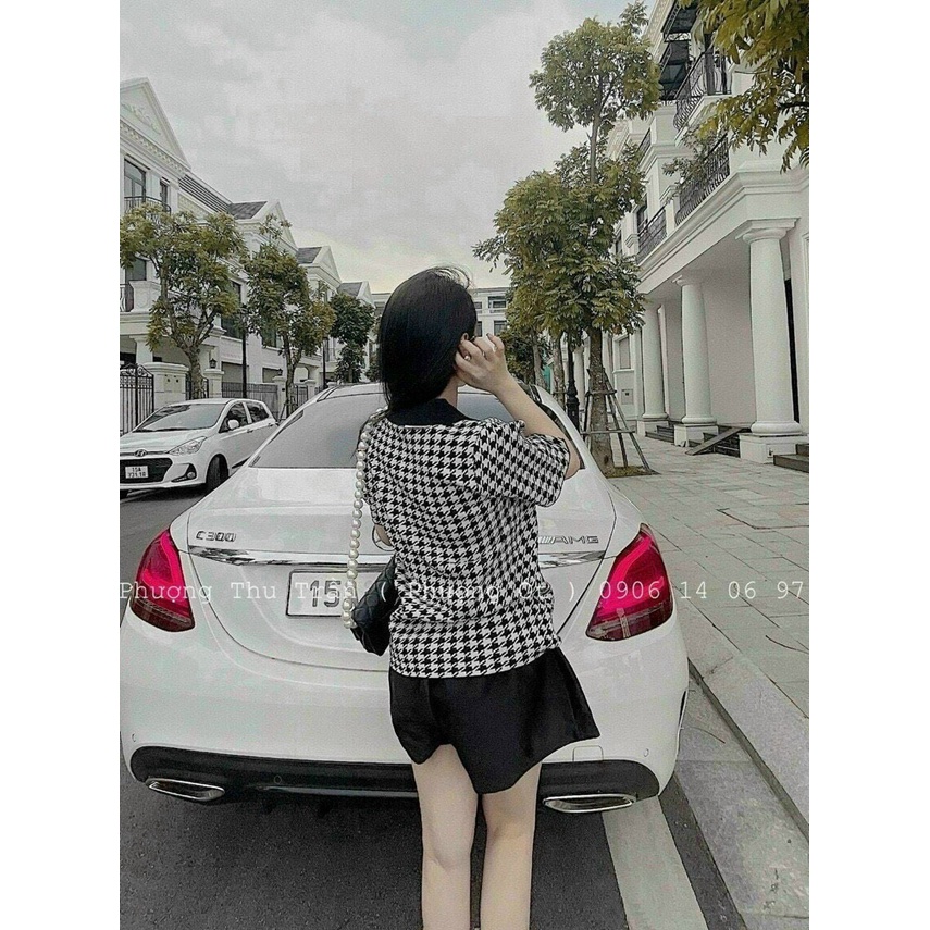 Sét bộ nữ áo thun sọc caro tay ngắn cổ bẻ phối nút mix quần đùi ống rộng cá tính, xinh xắn cho nàng đi chơi, dạo phố