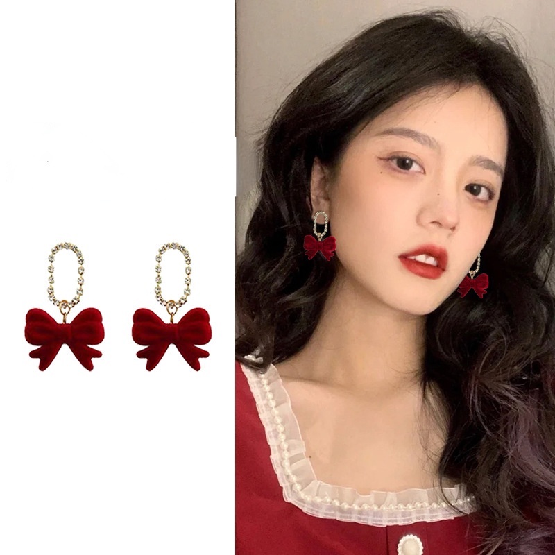 Bông tai dáng dài hình nơ đính ngọc trai bằng hợp kim thời trang cho nữ
