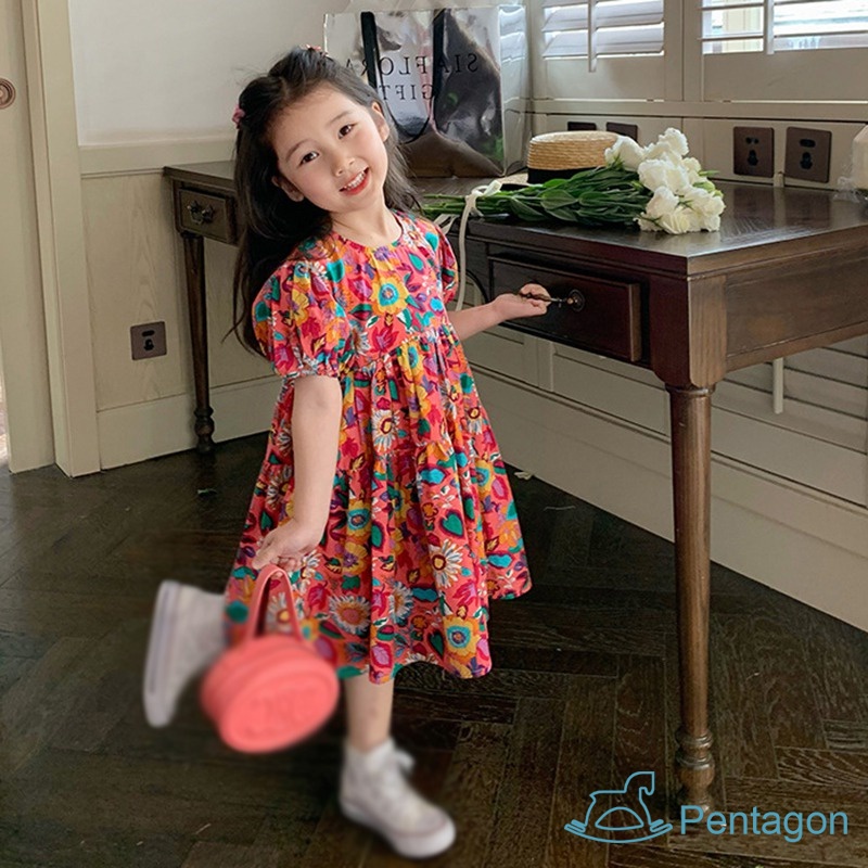 Đầm Công Chúa Dáng Rộng Tay Phồng Cổ Tròn Thoáng Khí Thân Thiện Với Da Thời Trang Cho Bé Gái