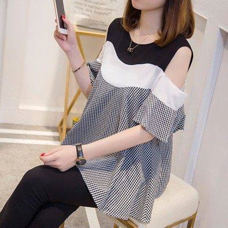 Áo Thun Dáng Rộng Hở Vai Kẻ Sọc Caro Thời Trang Mùa Hè Phong Cách Mới Dành Cho Nữ C8472