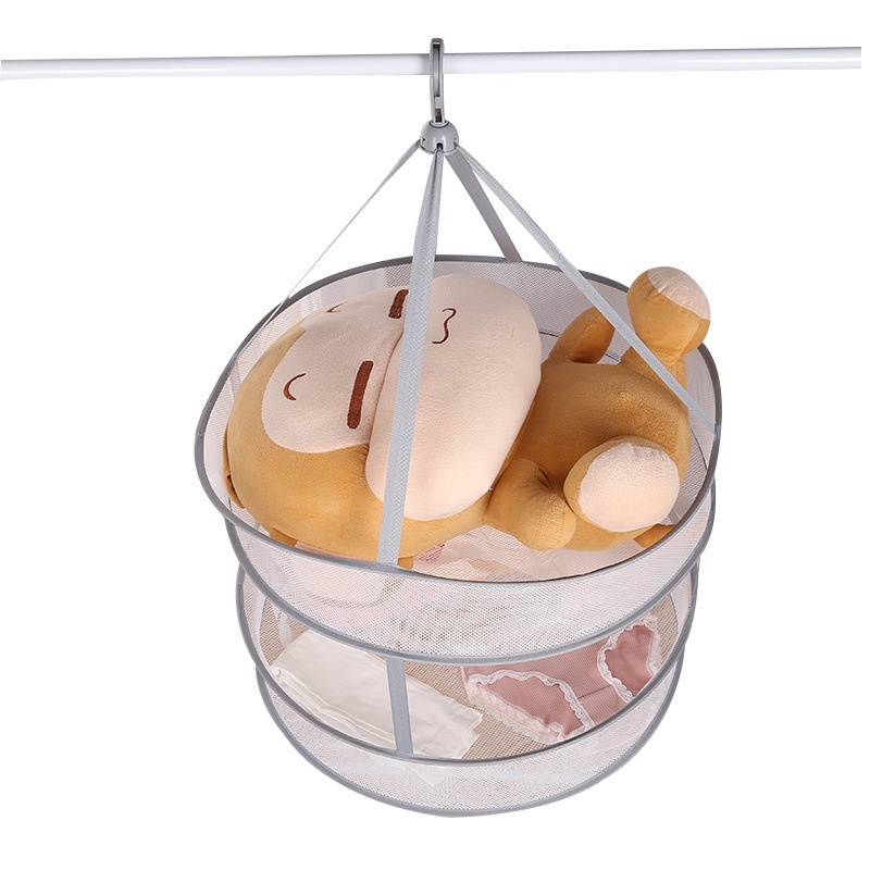 Giỏ Treo Phơi Đồ 2 Tầng Bằng Vải Lưới Có Thể Gấp Gọn, Phơi Đồ Lót, Vớ, Gấu Bông Chống Gió Bay Tiện Lợi