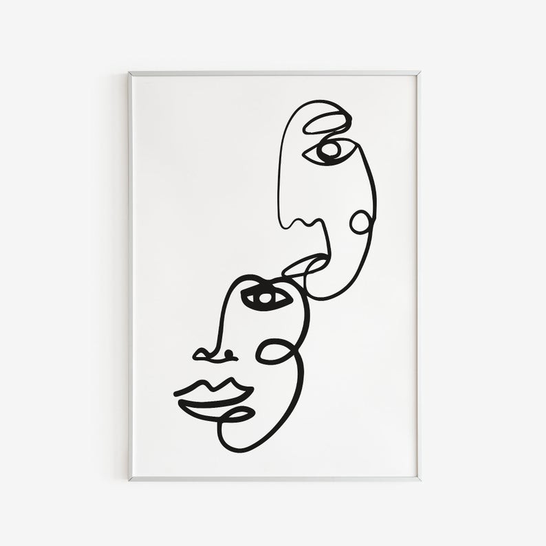 Tranh Canvas Cao Cấp  Tranh Connected Faces Art Print - One Line Drawing Of Faces - Single Line Art Faces Print