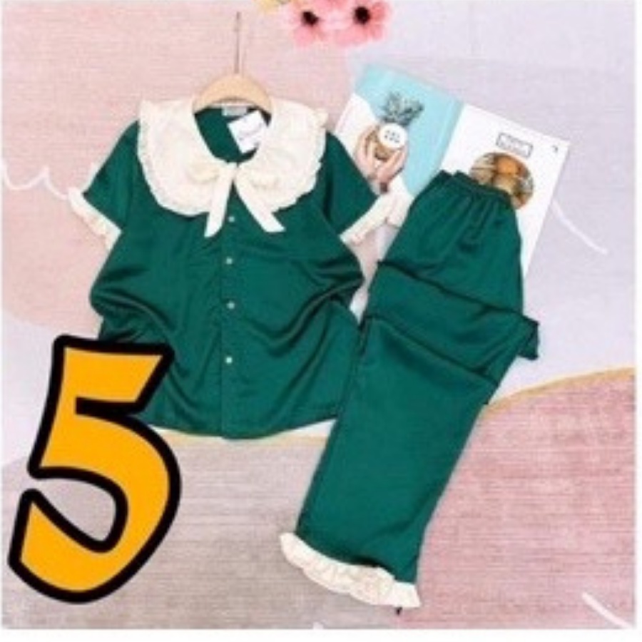 Đồ Bộ, Đồ Ngủ Pijama Nữ phối bèo Tiểu Thư cổ sen Quần Dài, Áo Cộc vải kate