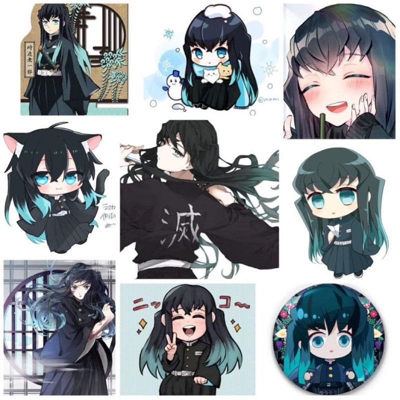 Sticker Muichirou Kimetsu no yaiba 30-60 cái ép lụa khác nhau/hình dán Hà trụ Tokitou Muichirou