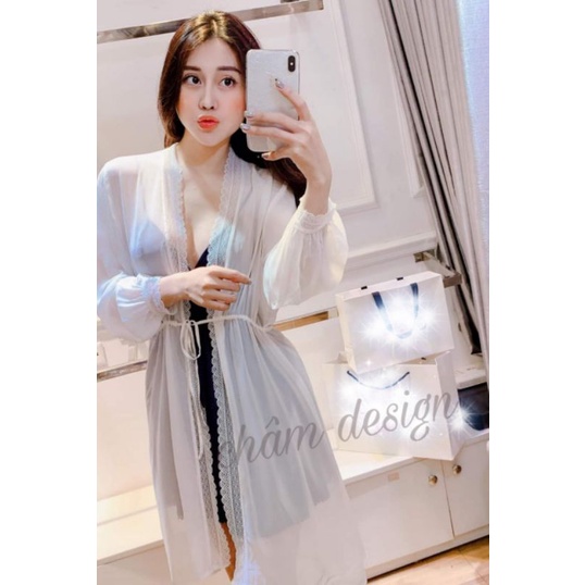 áo choàng voan trắng mềm mỏng rút dây eo tay dài sang chảnh, hàng thiết kế độc quyền tại shop