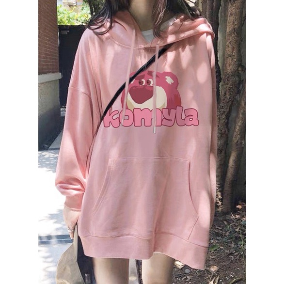 Áo Hoodie Nỉ Bông Dài Tay Túi Bụng To Gấu Dâu KOMYLA