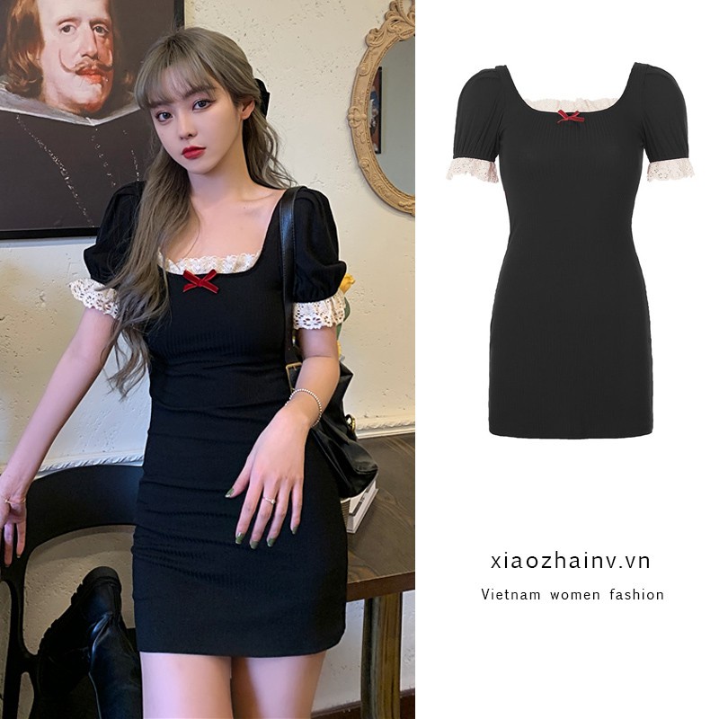 Váy body basic phối ren dáng ôm sexy phong cách Nhật Bản