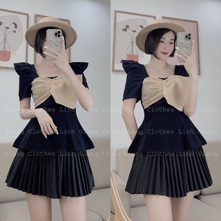 Set Áo Tay Phồng Nơ Mix Chân Váy Dập Ly Phong Cách (kèm video)