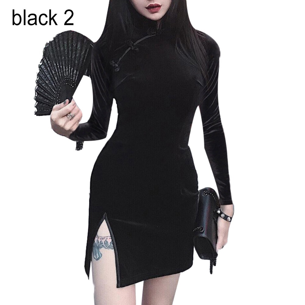 Chinese Women Solid Color Velvet Short/Long Sleeve Bodycon Cheongsam Mini Dress | BigBuy360 - bigbuy360.vn