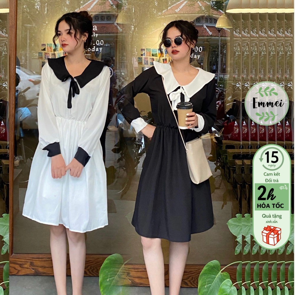 Váy babydoll nơ cổ dài tay trắng đen, đầm tiểu thư emmei v114