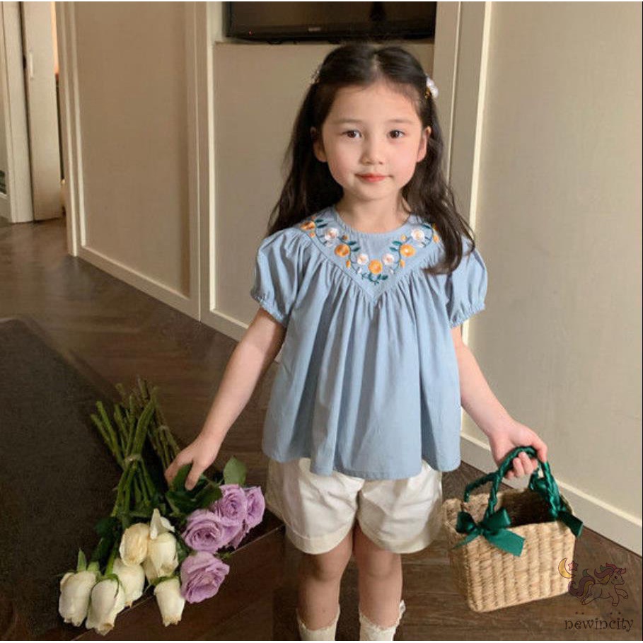 Bộ Áo Tay Phồng Thêu Hoa + Quần Short Thời Trang Mùa Hè Hàn Quốc Cho Bé Gái