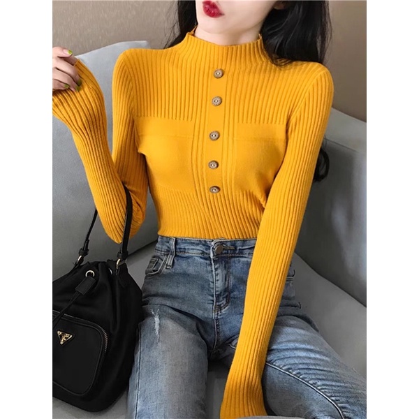 Áo len cổ 3 phân túi 2 bên đính cúc ngực